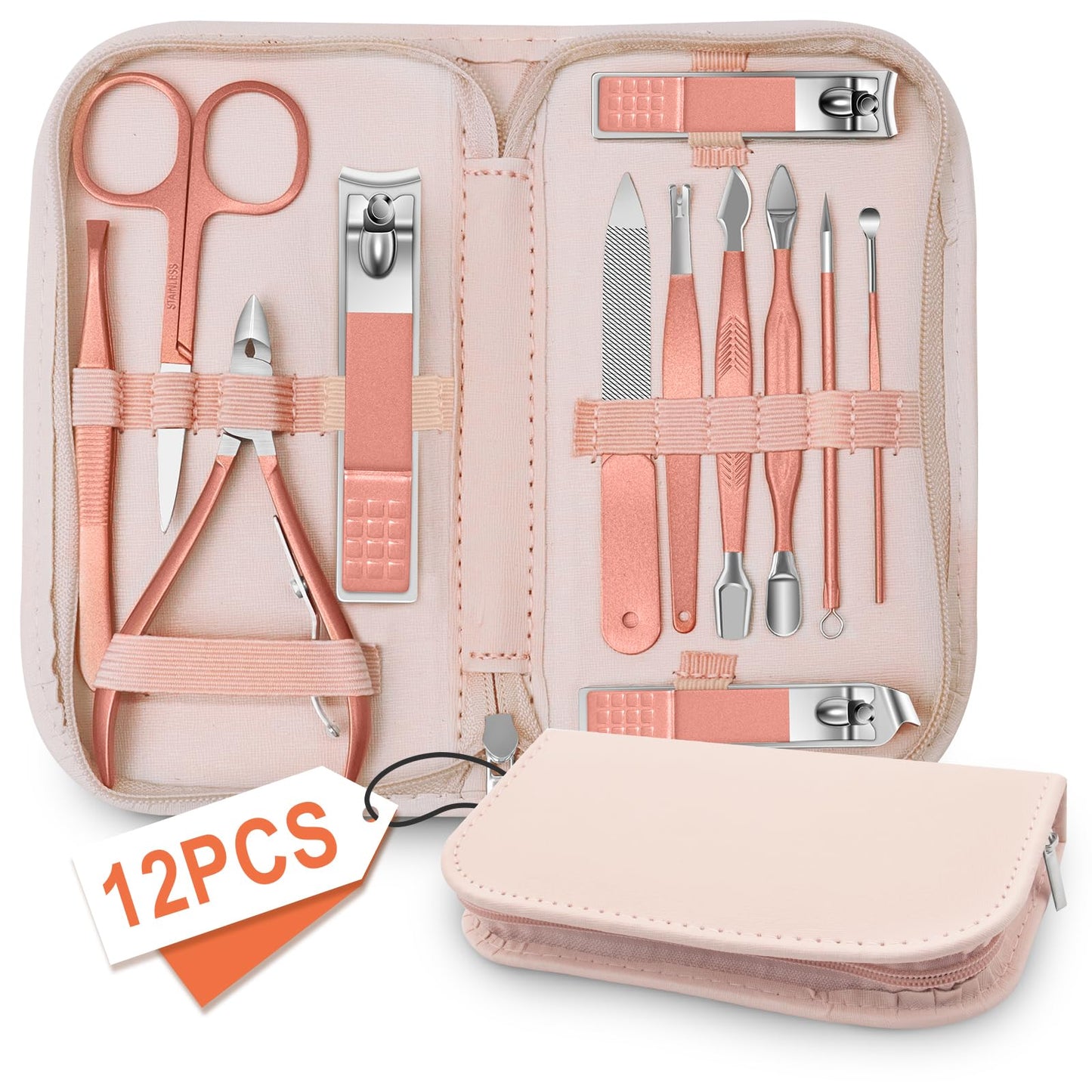 Manicure Set Nail Clipper Set Men Women 12 in 1 Nail Care Kit with Portable Case Travel Manicure Pedicure Tools Grooming Kit Beauty Salon(Rose Gold)