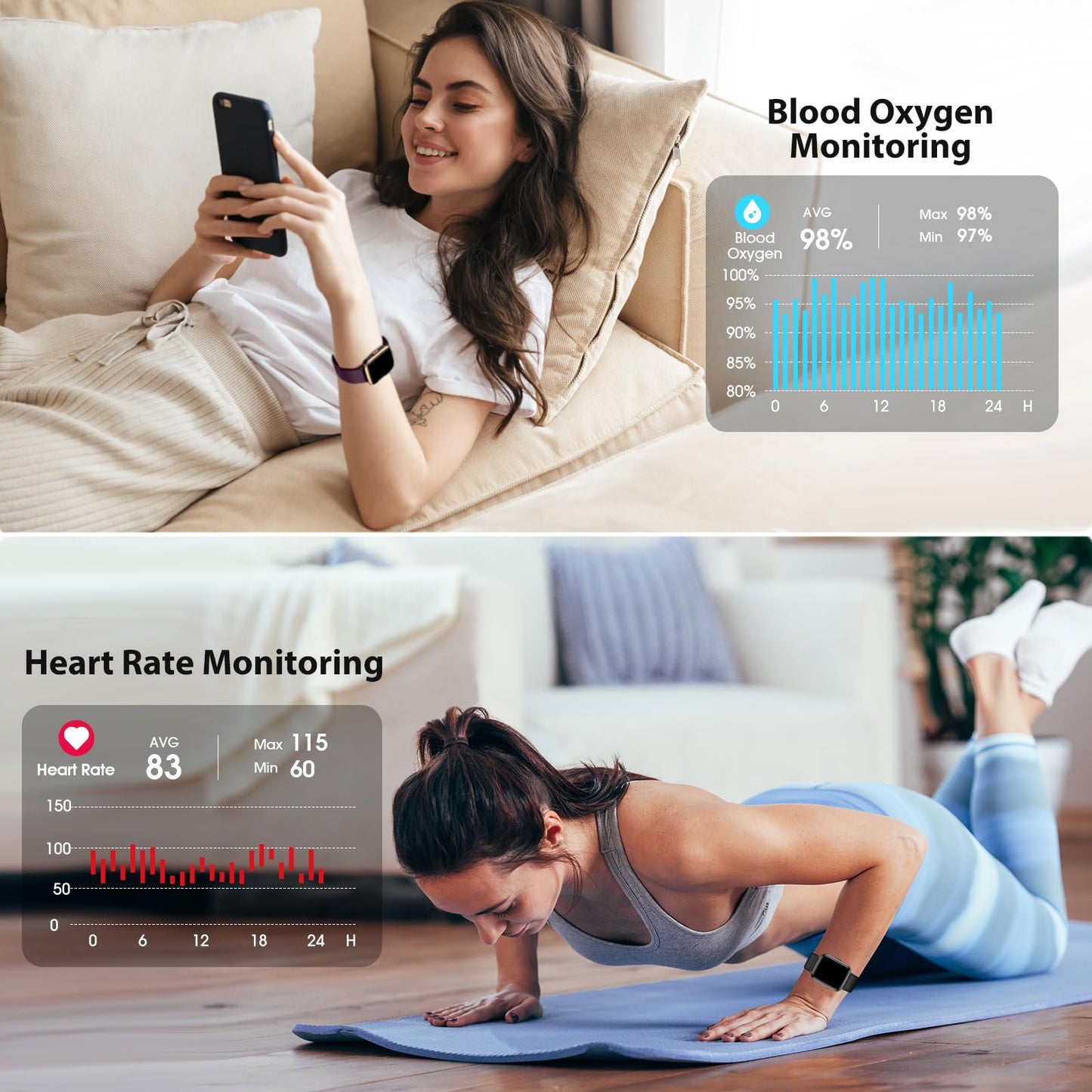 POIUZET Fitness Tracker, Fitness Watch with Blood Oxygen, Blood Pressure & Heart Rate Monitor, Steps Calories Counter, Sleep Monitor, Pedometer 50 Meters Waterproof, Smart Watch for Android iPhones