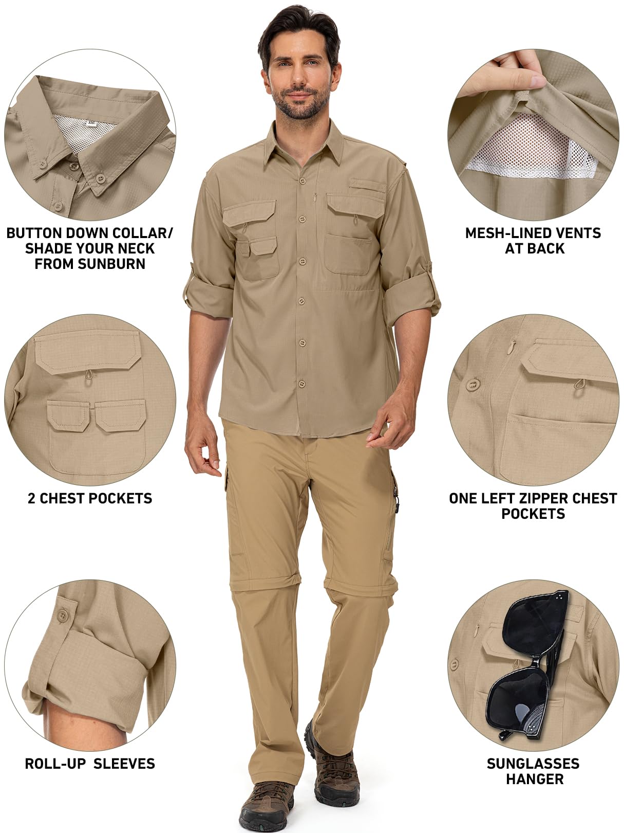 linlon Mens Safari Shirts Long Sleeve UV Protection Hiking Fishing UPF 50+ Quick Dry Cooling Camping Travel Shirts#5066-Khaki-XL