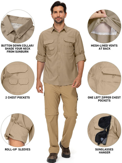 linlon Mens Safari Shirts Long Sleeve UV Protection Hiking Fishing UPF 50+ Quick Dry Cooling Camping Travel Shirts#5066-Khaki-XL