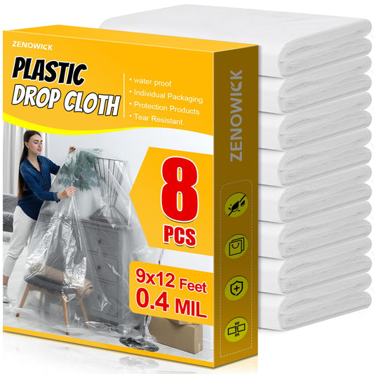 8 Pack Plastic Drop Cloth, 9x12 Ft Plastic Sheeting for Painting, Dust-Proof Tear-Resistant Painters Plastics Tarp Cloth for Furniture Floor Sofa Protector Cover Durable & Thick