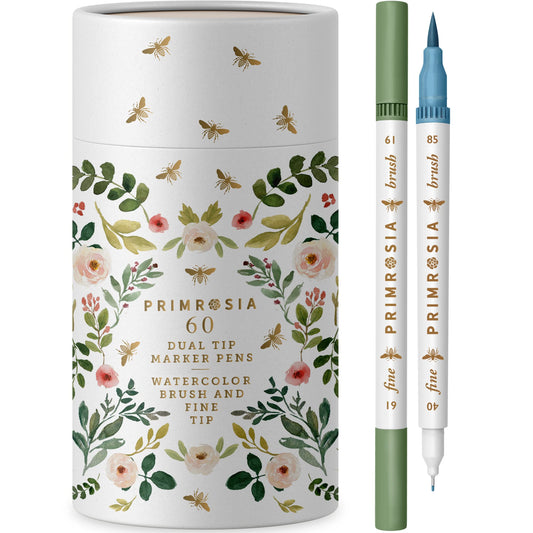 Primrosia 60 Dual Tip Marker Pens, Fineliner and Watercolor Brush Pens for Art Sketching Illustration Calligraphy Permanent Highlighter Bullet Journal Drawing Coloring
