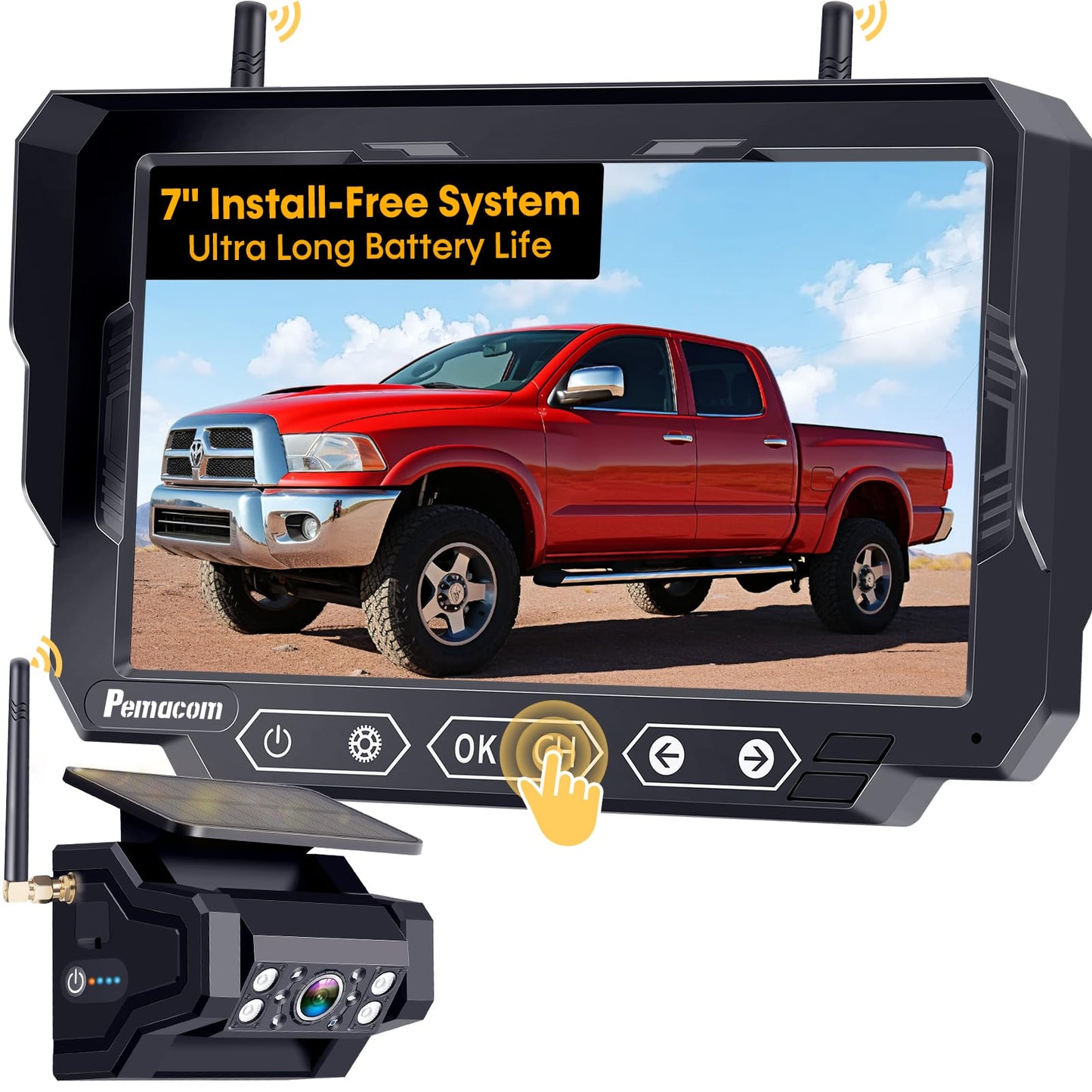 Magnetic Solar Wireless Backup Camera: 7" Portable 1 Min Easy Install Scratch-Proof No Delay Backup Camera for Truck Rechargeable HD 1080P for Trailer Small RV Camper Pemacom P15