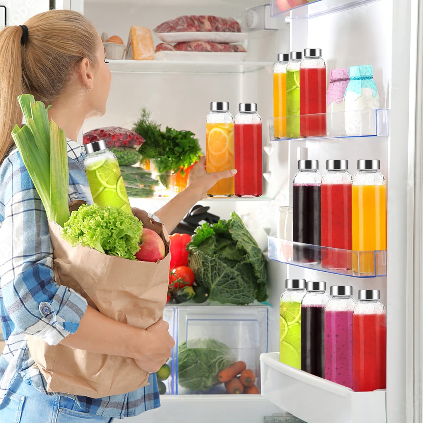 Luxfuel Clear Glass Bottles with Lids 18 oz, Reusable Glass Water Bottles with Stainless Steel Cap for Juicing, Refrigerator,100% Leak Proof, BPA Free, Juice Water Bottle Set of 10