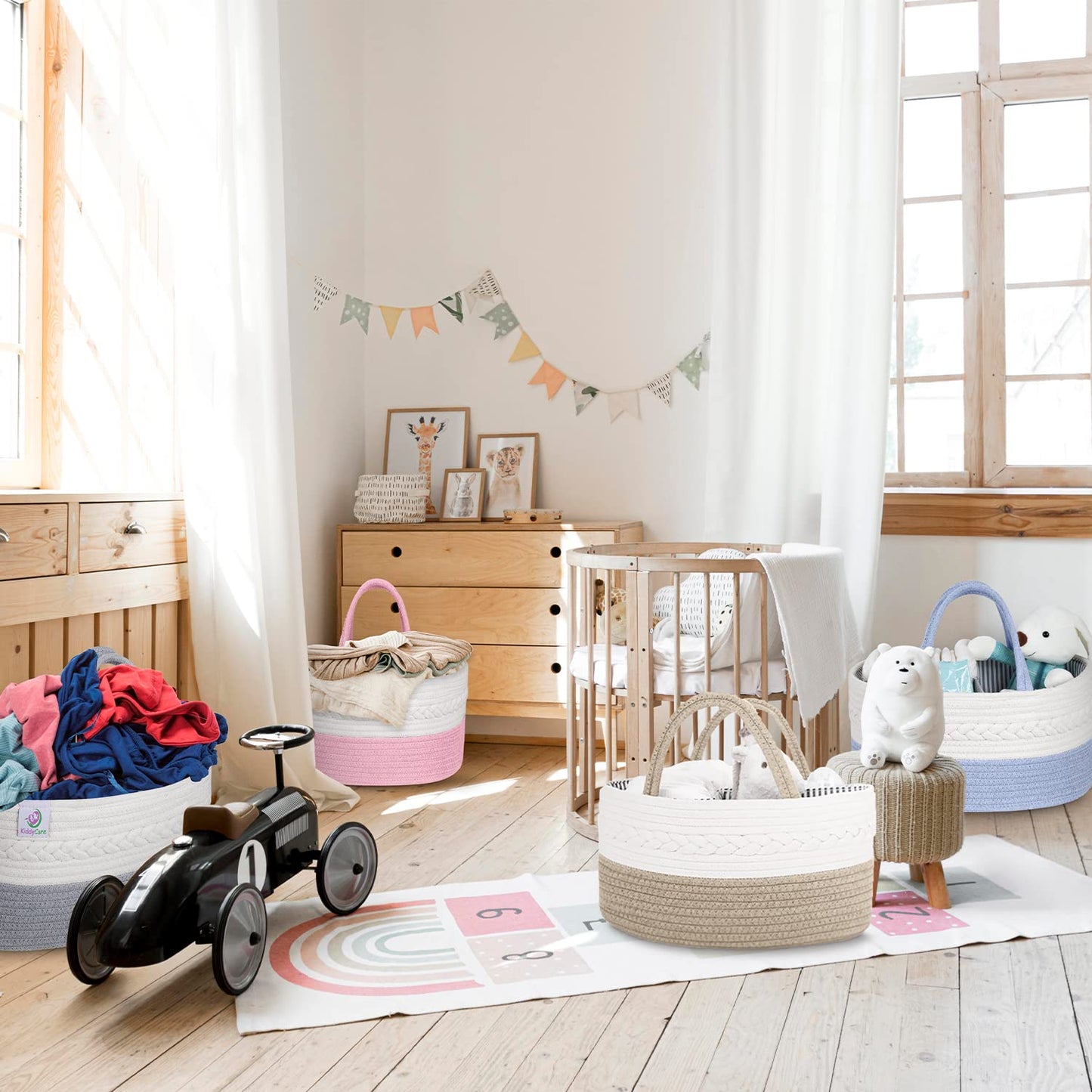 KiddyCare Woven Diaper Caddy Organizer, Large Gray Multi Functional Portable Baby Basket with Handle, Baby Gift for Boy/Girl Nursery Storage, Organization, and Modern Car Diaper Caddy Pink X-Large