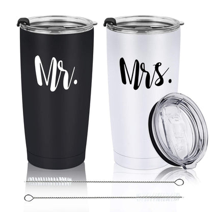 Mr and Mrs Tumbler Set of 2 Stainless Steel Travel Tumbler Ideas for Newlyweds Couples Wife Bride To Be Newly Engaged Bridal Shower, Insulated Travel Tumbler for Wedding Engagement(20 oz, Black&White)