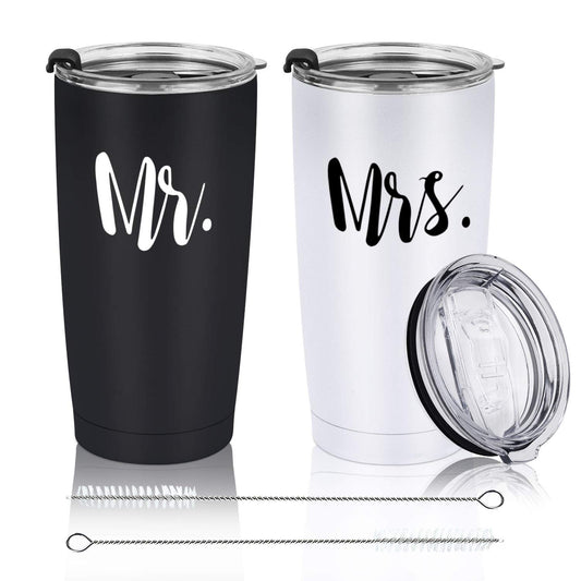 Mr and Mrs Tumbler Set of 2 Stainless Steel Travel Tumbler Ideas for Newlyweds Couples Wife Bride To Be Newly Engaged Bridal Shower, Insulated Travel Tumbler for Wedding Engagement(20 oz, Black&White)