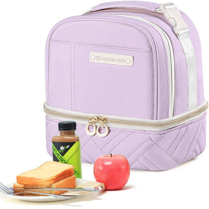 GLORIEROO Lunch Box Bag Women Girls - Double Deck Vegan Leather Insulated Waterproof Leakproof Cooler for Work Travel Picnics - Back to School Teacher Mothers Day Christmas Birthday Gifts