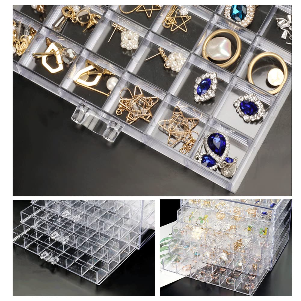 QIYUSHRY Earring Storage Box Acrylic Jewelry Storage Holder Ring Clear Plastic Transparent Jewelry Display Stand with 5 Drawers 120 Small Compartment Tray for Women Girls