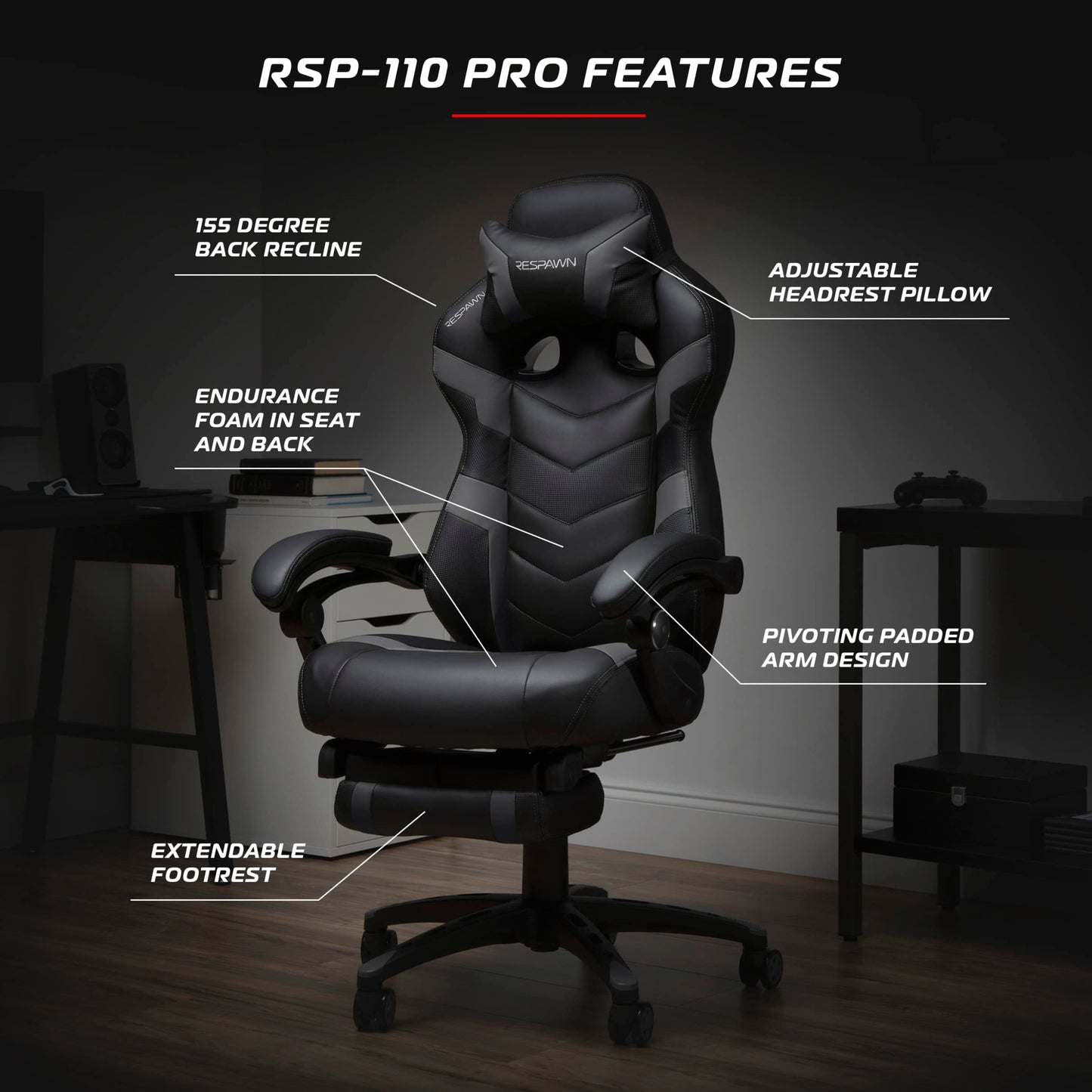 RESPAWN 110 Pro Gaming Chair - Gaming Chair with Footrest, Reclining Gaming Chair, Video Gaming Computer Desk Chair, Adjustable Desk Chair, Gaming Chairs For Adults With Headrest Pillow - Grey