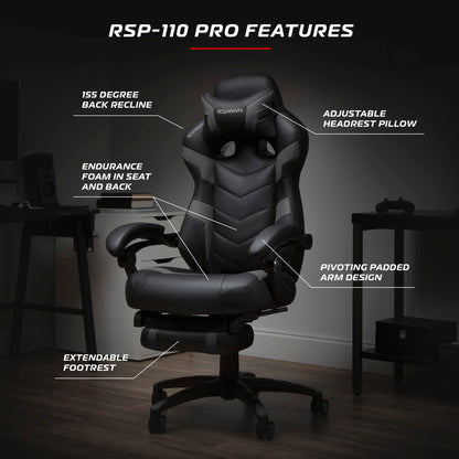 RESPAWN 110 Pro Gaming Chair - Gaming Chair with Footrest, Reclining Gaming Chair, Video Gaming Computer Desk Chair, Adjustable Desk Chair, Gaming Chairs For Adults With Headrest Pillow - Grey