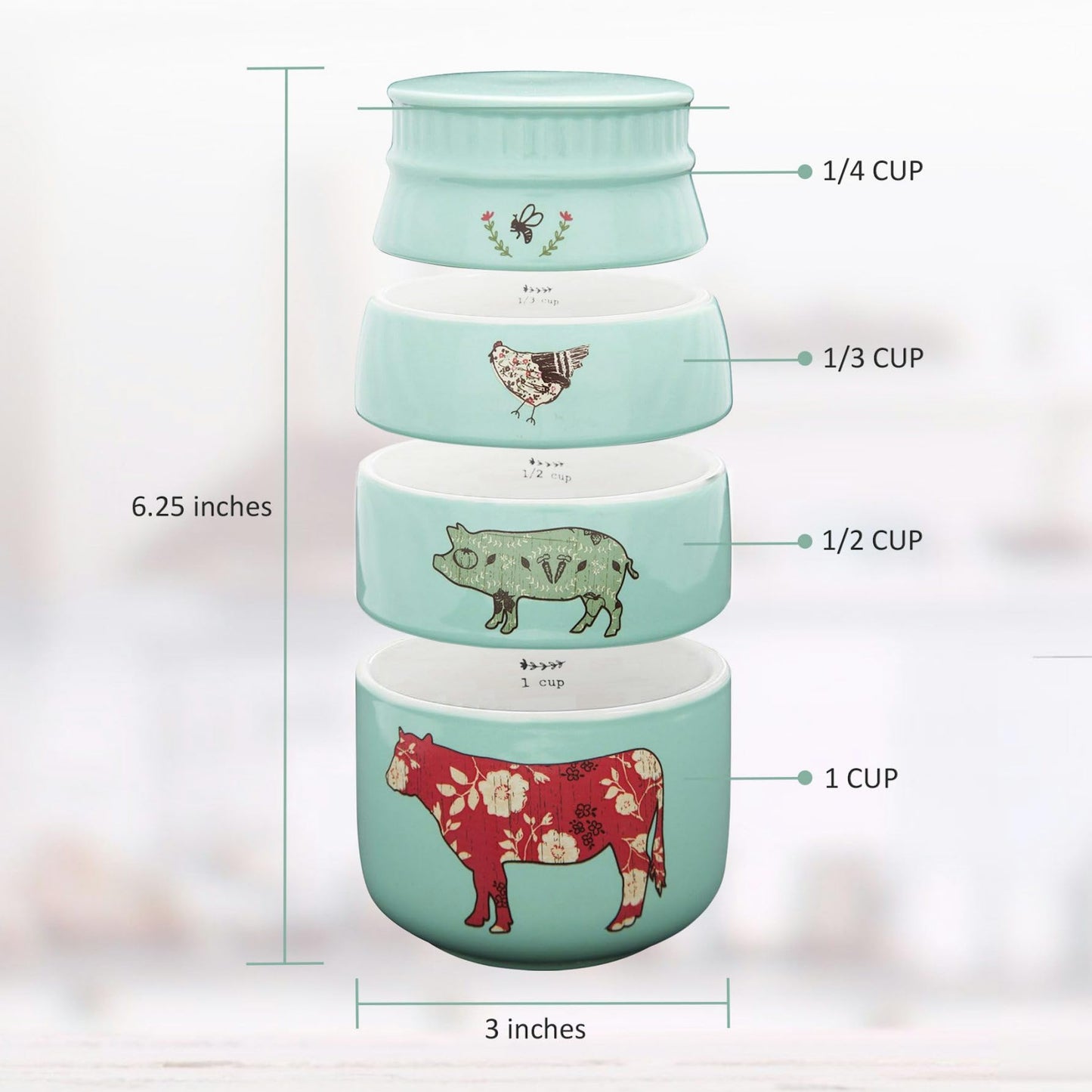 Pavilion Gift Company - 'Live Simply Bee, Chicken, Pig, and Cow' - 4-Piece Stoneware Measuring Cups Set, Sturdy Farmhouse-Style Kitchenware for Home Baking, Cooking, Gifting - Teal, 8 Ounces