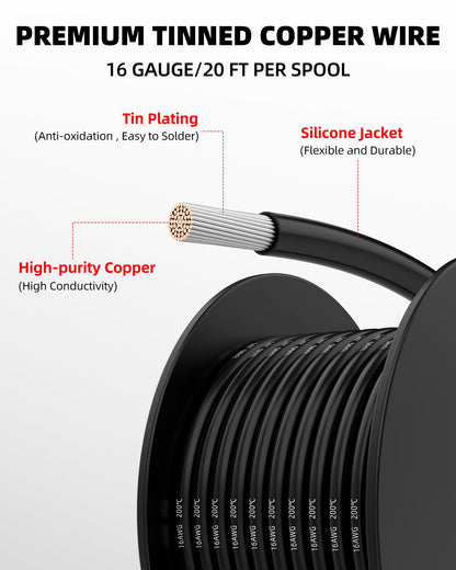 NAOEVO 16 Gauge Wire 120ft, 16 AWG Wire 6 Colors 20ft Each Spool, Flexible Silicone Tinned Copper Electrical Cable, Wiring kit for Breadboard/Automotive/DIY/Battery, 200℃