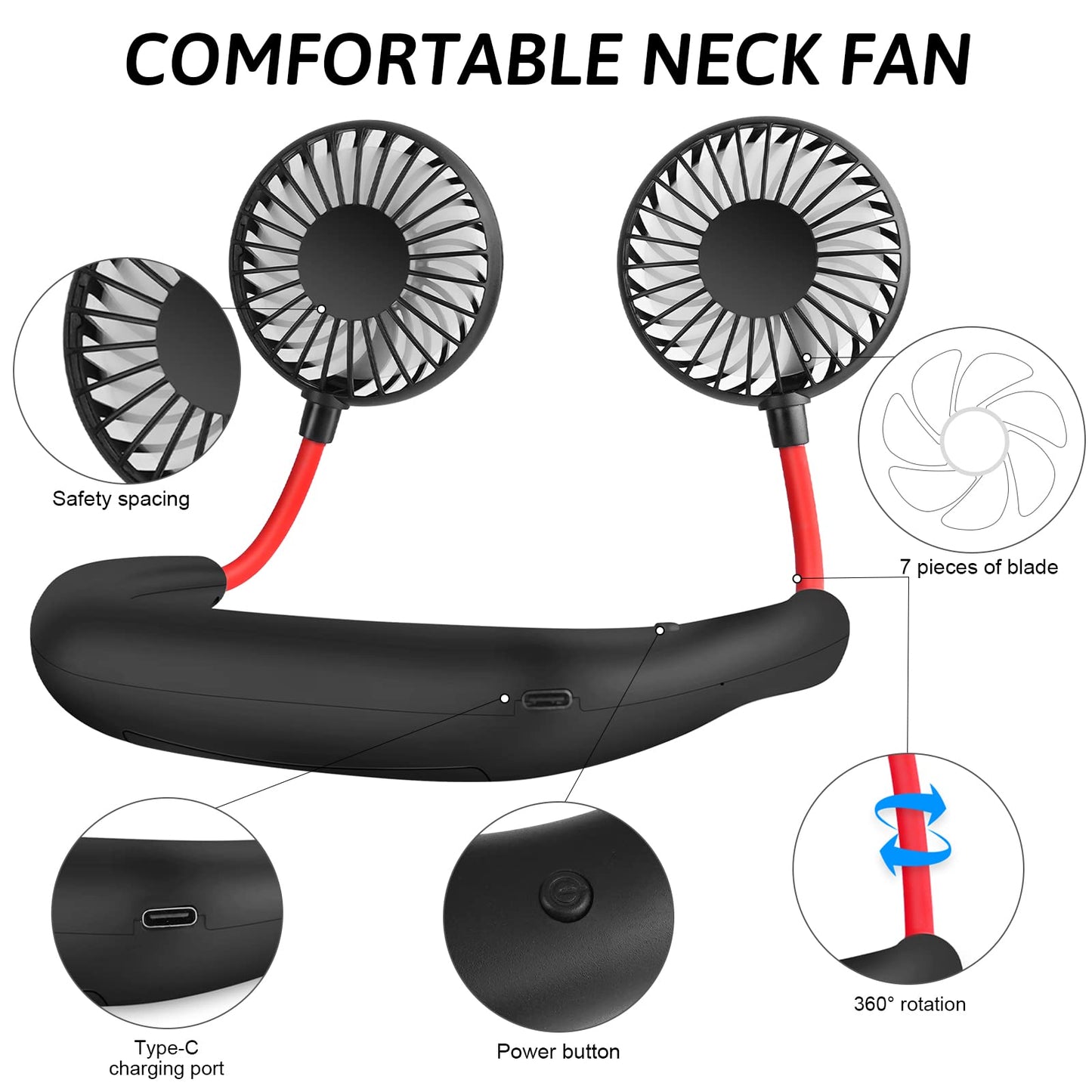 Portable Neck Fan 2500 mAh Rechargeable USB Hands-Free Mini Face Cooling Personal Double Headed Rotatable Small Fan for Working Office Reading Traveling Outdoor Sport