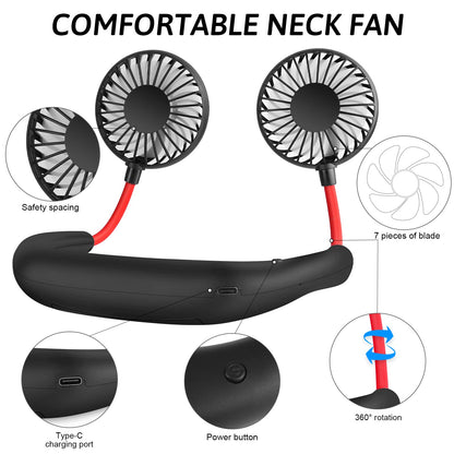Portable Neck Fan 2500 mAh Rechargeable USB Hands-Free Mini Face Cooling Personal Double Headed Rotatable Small Fan for Working Office Reading Traveling Outdoor Sport