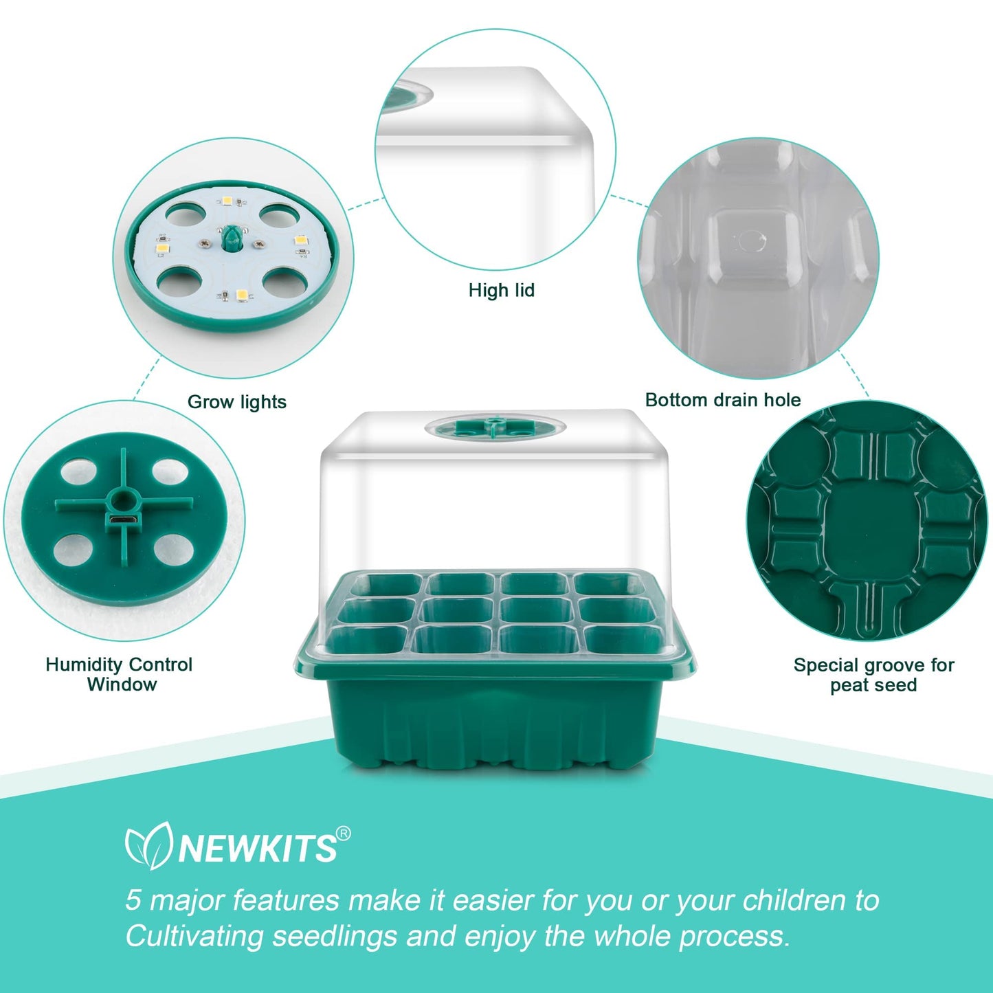 NEWKITS Seed Starter Tray with Grow Light, Seed Starter Kit, Plant Germination Starting Trays with Humidity Dome and Base for Greenhouse Grow Wheatgrass Hydroponic(12 Cells per Tray)(with Grow Lights)