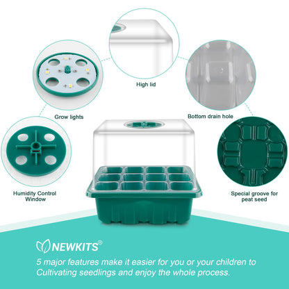 NEWKITS Seed Starter Tray with Grow Light, Seed Starter Kit, Plant Germination Starting Trays with Humidity Dome and Base for Greenhouse Grow Wheatgrass Hydroponic(12 Cells per Tray)(with Grow Lights)