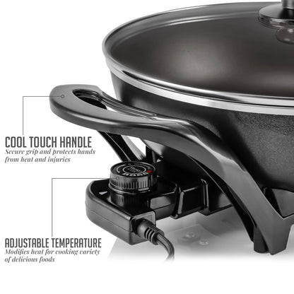 OVENTE Electric Wok with Nonstick Coating, 13 Inch Family-Sized Skillet, 1400W Power, Adjustable Temperature, Tempered Glass Lid, Cool Touch Handles and Easy to Clean Frying Surface, Black SK3113B