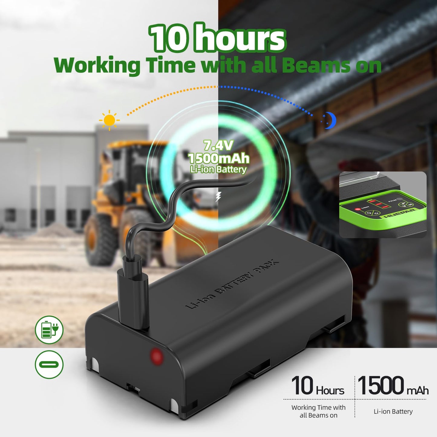 Huepar Self Leveling Green Laser Level Cross Line with 2 Plumb Dots Laser Tool -360 Horizontal Line Plus Large Fan Angle of Vertical Beam -Li-ion Battery with Type-C Charging Port&Magnetic Base 7211CG