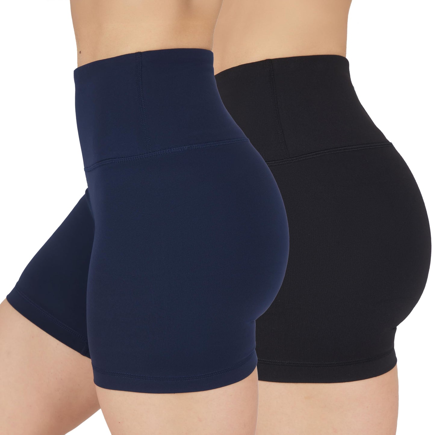 90 Degree By Reflex High Waist Power Flex Yoga Shorts - Tummy Control Biker Shorts for Women - Black/Dark Navy 2 Pack - Medium
