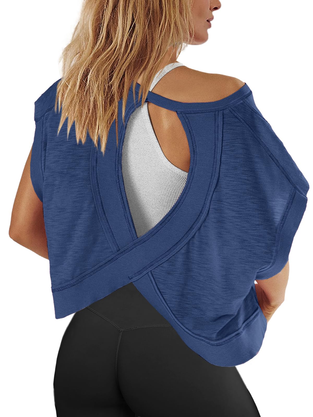 Panadila Womens Open Back Workout Top Oversized Workout T Shirts Backless Athletic Shirt Short Sleeve Baby Tee (Navy,X-Small)