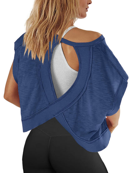 Panadila Womens Open Back Workout Top Oversized Workout T Shirts Backless Athletic Shirt Short Sleeve Baby Tee (Navy,X-Small)
