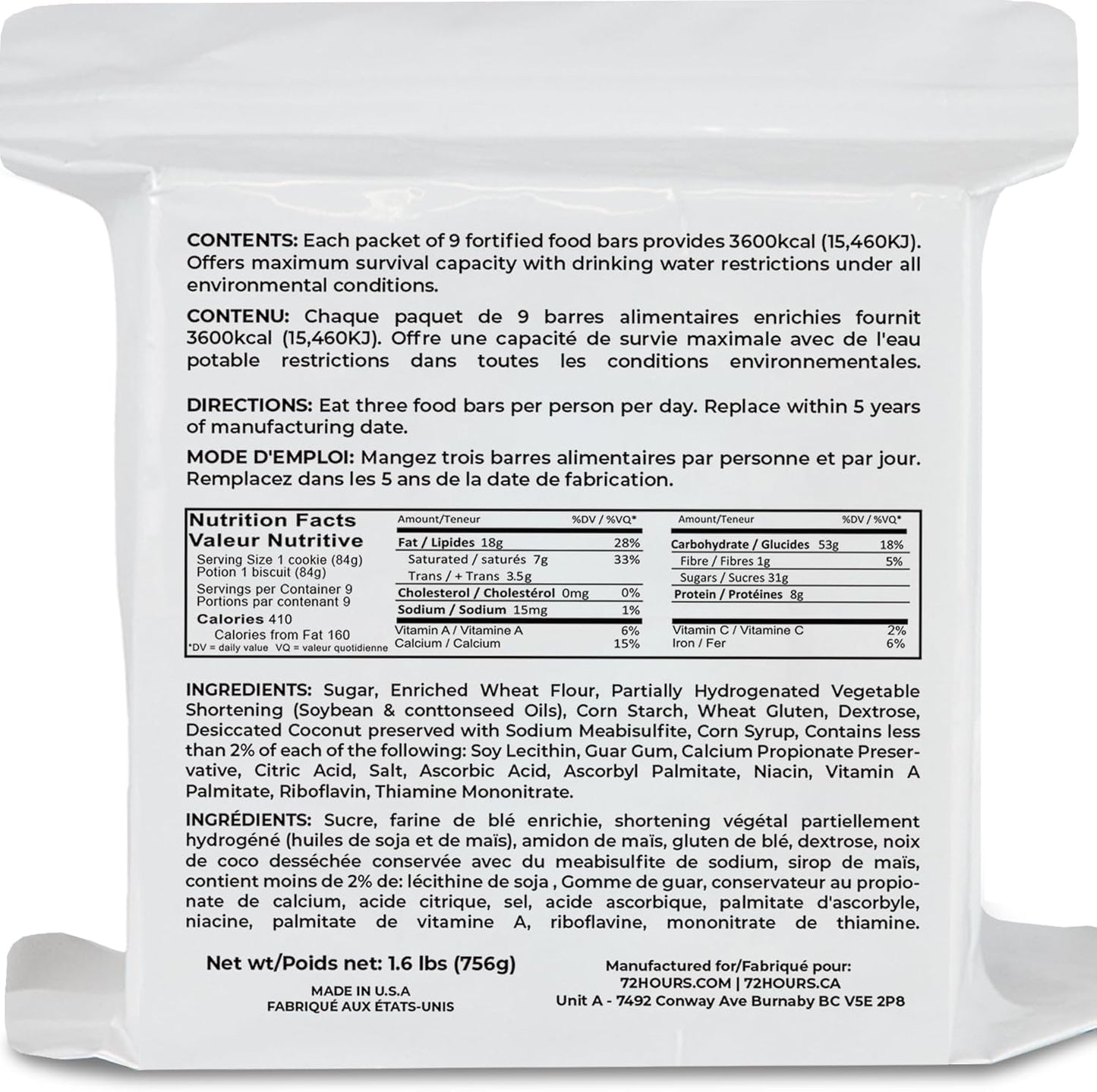 72HRS Food Ration Bar Emergency Rations (1 PACK), 3600 Calories for 72 Hours, 5 Year Shelf Life Emergency Kit for Bug Out Bag Backpack for Survival Kits Supplies and Emergency Food Supply