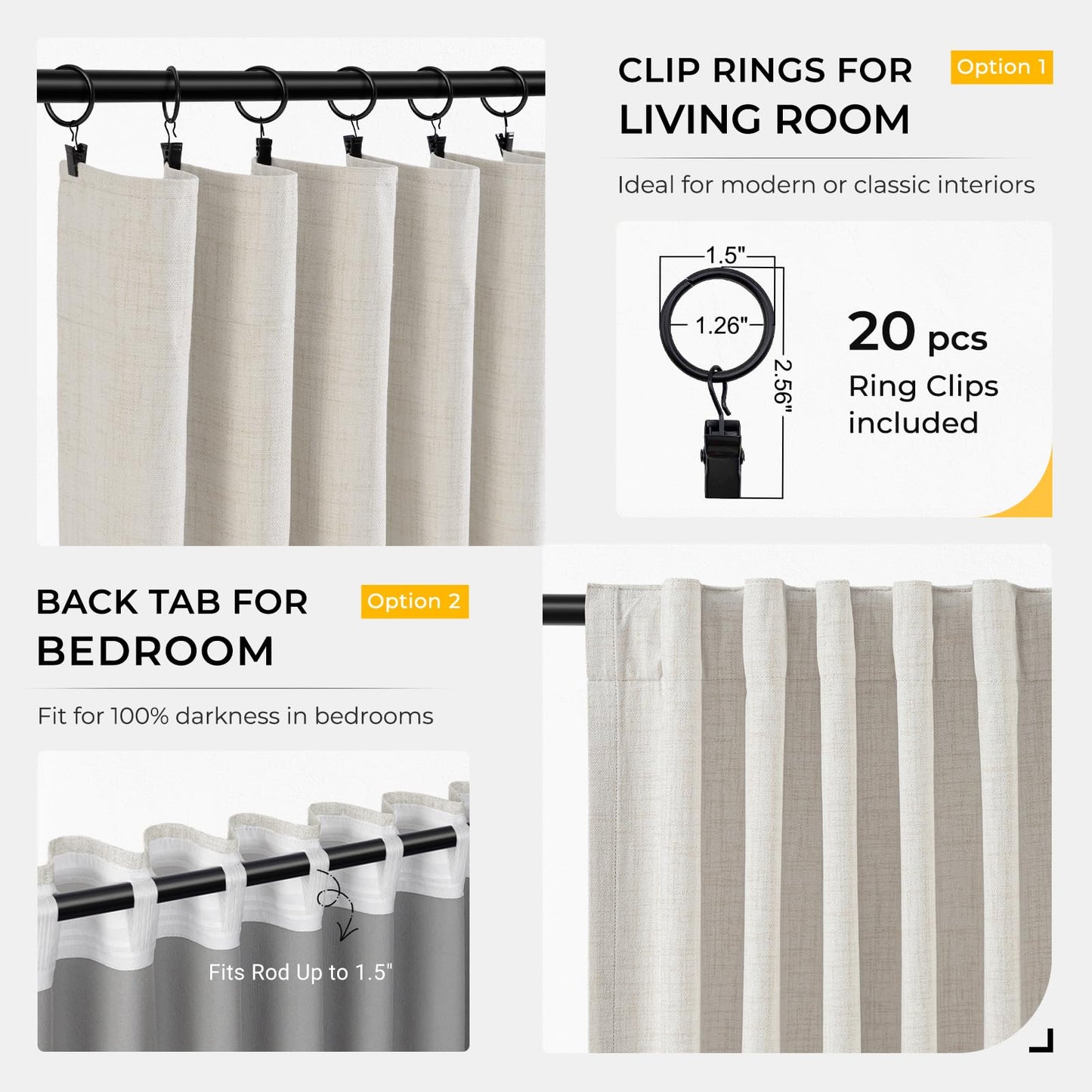 INOVADAY 100% Blackout Curtains for Bedroom, Black Out Curtains 84 Inch Long, Clip Rings Linen Blackout Drapes, Thermal Insulated Room Darkening for Living Room, 2 Panels - Beige,W50xL84