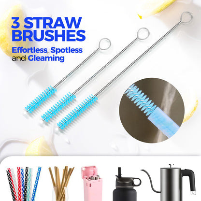 Holikme 6 Pack Brush Set, 14" Long Handle Stainless Steel Cleaner, 3 Straw Brushes, 3-in-1 Cleaning Brush for Water and Baby Bottles, Straws - Blue