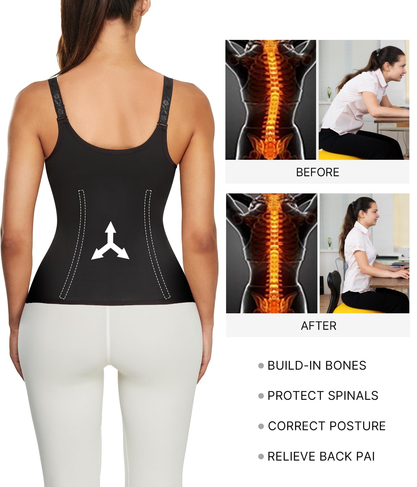 Nebility Women Waist Trainer Corset Zipper Vest Body Shaper Cincher Tank Top with Adjustable Straps (L, Black)