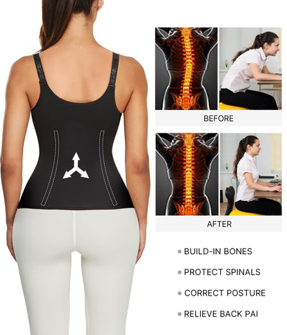 Nebility Women Waist Trainer Corset Zipper Vest Body Shaper Cincher Tank Top with Adjustable Straps (L, Black)