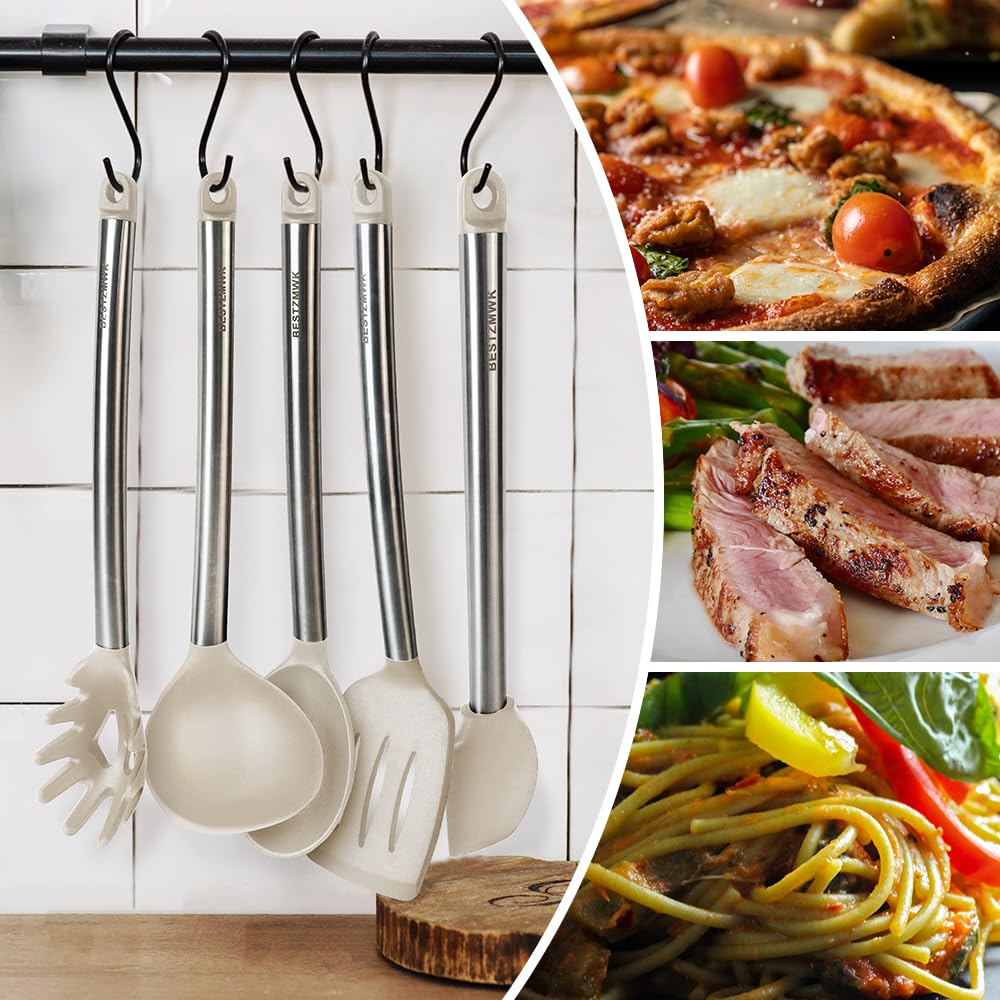 Kitchen Utensil Set-Silicone Cooking Utensils-33 Kitchen Gadgets & Spoons for Nonstick Cookware-Silicone and Stainless Steel Spatula Set-Best Kitchen Tools, Useful Pots (Khaki)