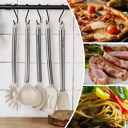 Kitchen Utensil Set-Silicone Cooking Utensils-33 Kitchen Gadgets & Spoons for Nonstick Cookware-Silicone and Stainless Steel Spatula Set-Best Kitchen Tools, Useful Pots (Khaki)