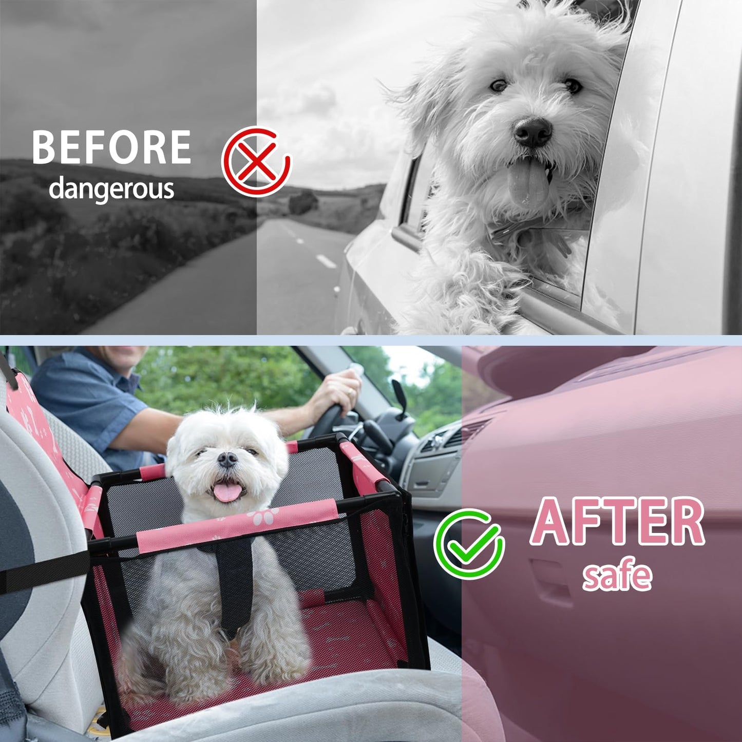 PetsHome Dog Car Seat Foldable Dog Car Booster Seat Waterproof Breathable Oxford Travel Bag for Small to Medium Dogs, Puppies, and Pets-Pattern Pink-Upgrade