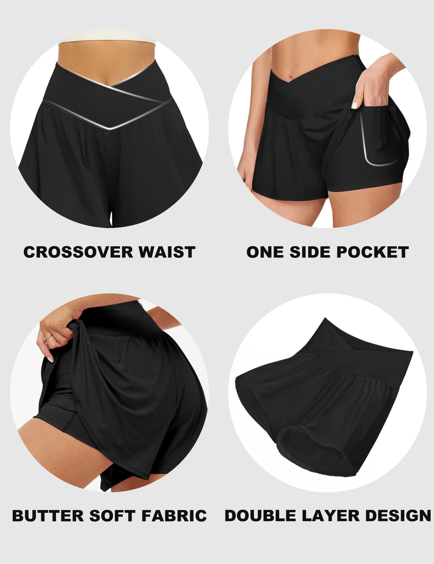 FireSwan Crossover Athletic Shorts for Women 2 in 1 Flowy Running Shorts with Pockets Spandex Butterfly Workout Tennis Skorts Black