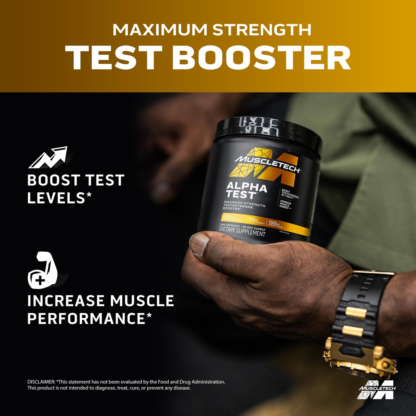 MuscleTech Testosterone Booster for Men, AlphaTest - T-Boost Mens Supplement with Tribulus Terrestris & Boron - Daily Male Gym Workout Supplements for Muscle Growth, Stamina & Energy - 240 Pills