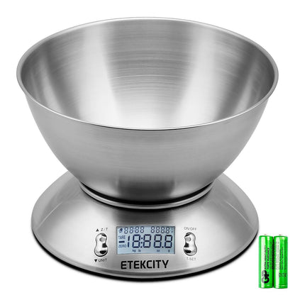 Etekcity Food Kitchen Scale with Bowl, Digital Weight Scale for Food Ounces and Grams, Cooking and Baking, Timer, and Temperature Sensor, 2.06 QT, Stainless Steel