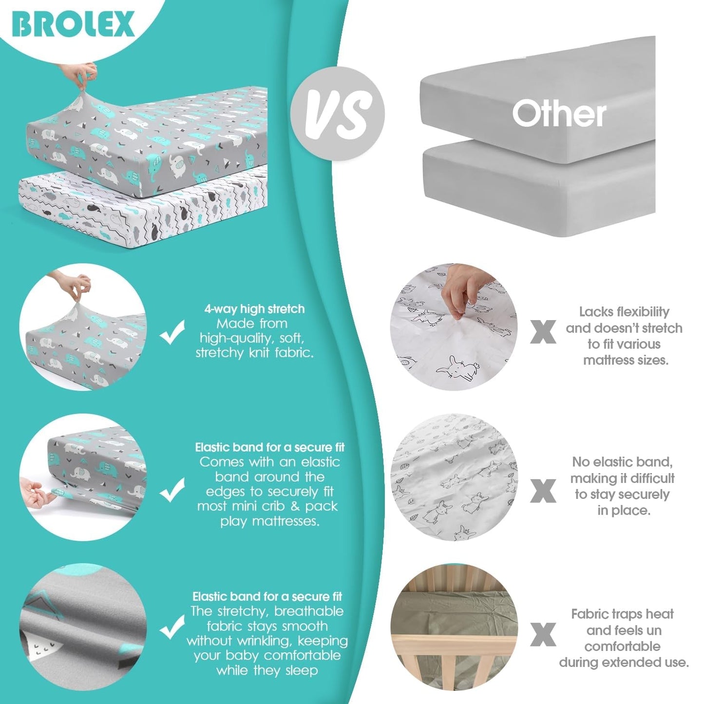 Pack n Play Sheets, BROLEX 2 Pack Mini Crib Sheets,Stretchy Portable Fitted Playard Sheet Set, Convertible Playard Mattress Cover,Ultra Soft Breathable Material,Elephant Whale