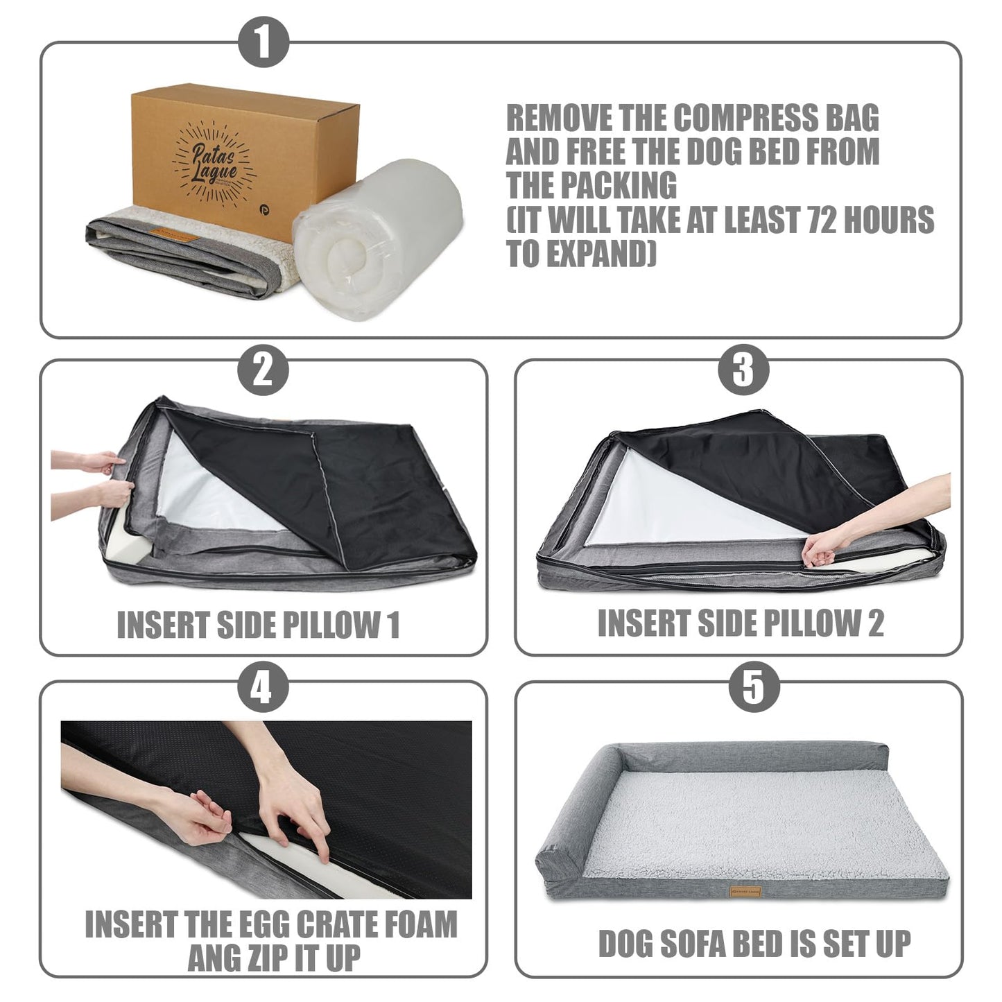 Patas Lague Orthopedic Dog Bed Large Sized Dog 36''X24'', Waterproof L Bolster Medium Pet Sofa Beds with Removable Washable Cover, Soft Comfortable Pet Couch Crate Mat with Nonskid Bottom, Black