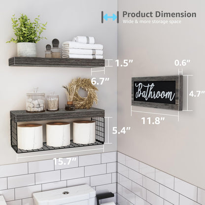 QEEIG ‎Bathroom Shelves Over Toilet - Paper Storage Wall Mounted Farmhouse Decor Decorations Aesthetic Décor Sign Small Floating Shelf 2+1 Set 16 inch, Grey (020GY)