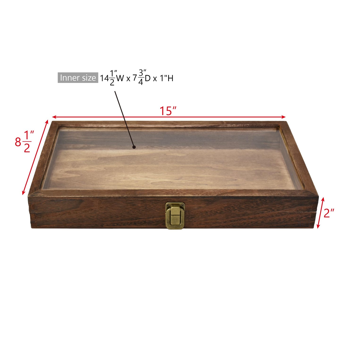 MOOCA Natural Wood Tempered Glass Top Jewelry Display Case Accessories Storage Box with Metal Clasp, Wooden Jewelry Tray for Collectibles, Pocket Knife Display Case, Brown
