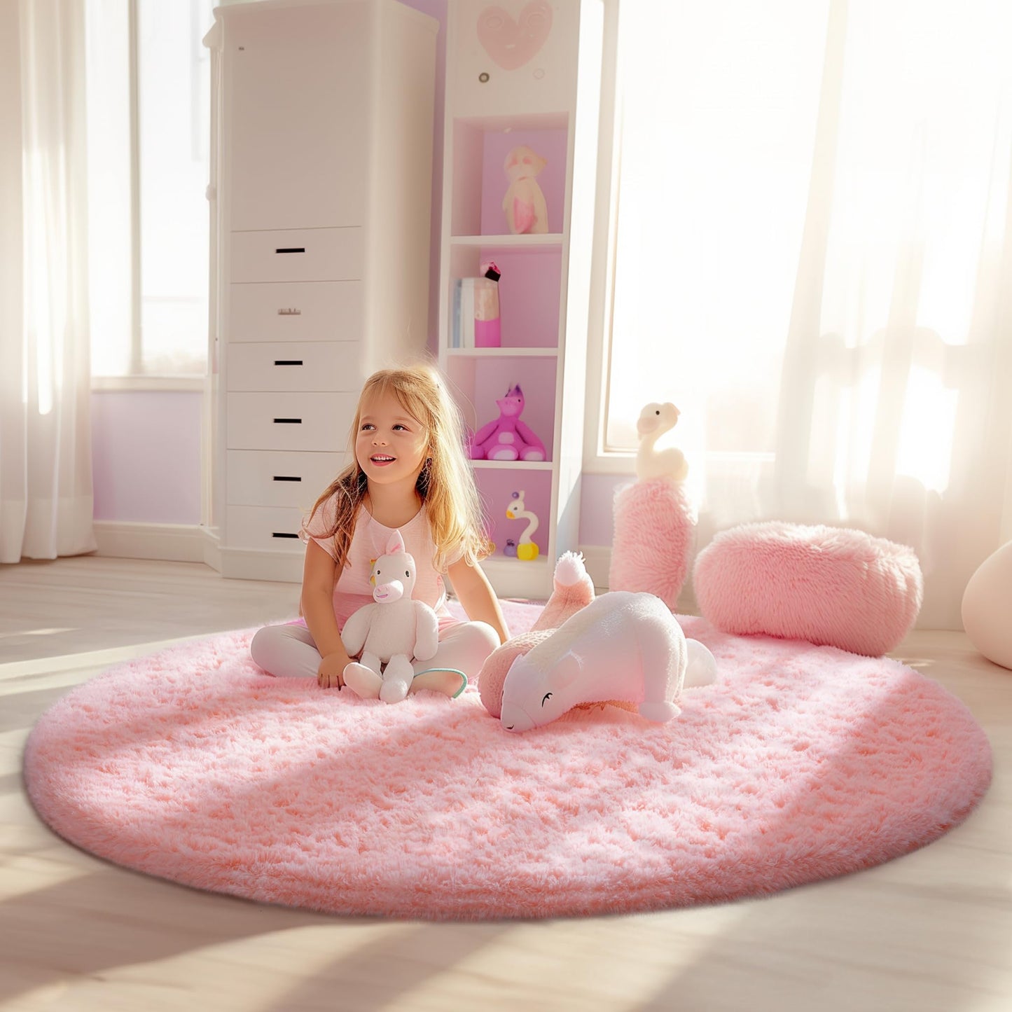 Ophanie Pink Round Rug for Bedroom Girls, Kids Fluffy Kawaii Fuzzy Furry Shag Area Rug, Cute Plush Soft Shaggy Bedside Circular Rugs 4Ft, Carpet for Teen Nursery Dorm Home Room Decor Aesthetic