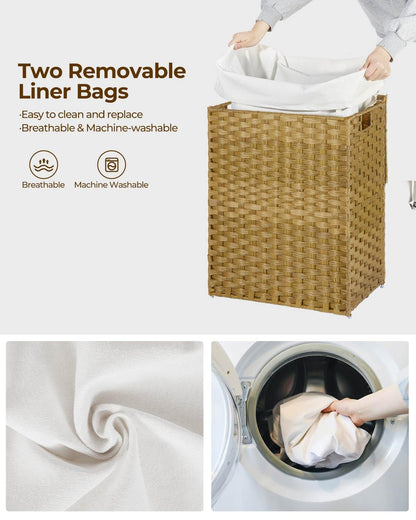 GREENSTELL Laundry Hamper with Lid, 60L Clothes Hamper with 2 Removable Liner Bags & 2 Mesh Laundry Bags, Handwoven Synthetic Rattan Laundry Basket for Clothes, Toys in Bathroom, Bedroom Natural