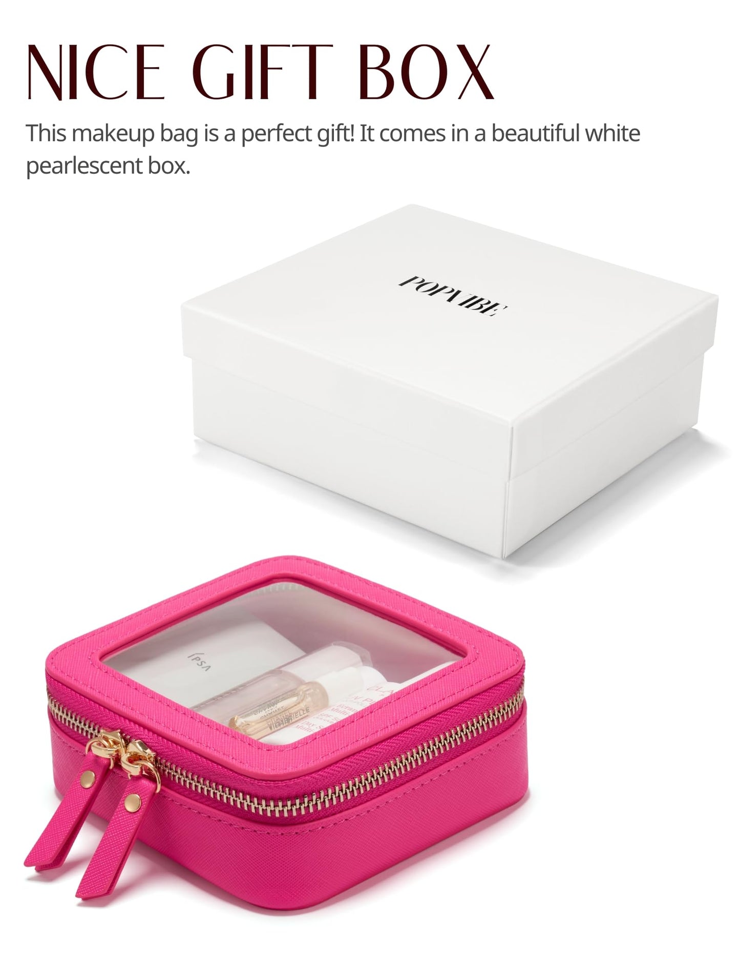 Mini Makeup Bag Clear Small Travel Cosmetic Case Leather Cute Hot Pink Pouch for Purse Organizer Make Up Bag for Women Car Toiletry Bag with Zipper for School