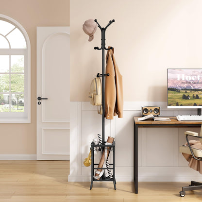 Hoctieon Coat Rack Freestanding, Entryway Hanger Stand, Umbrella Holder, Hall Tree With 12 Hooks, Floor Standing Metal Tree Stand, Black