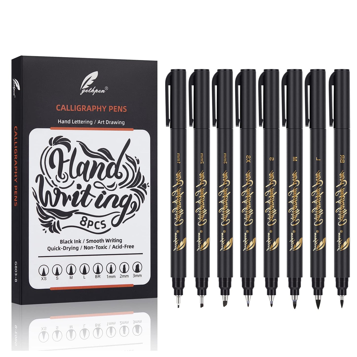 GETHPEN 8-Size Calligraphy Set – Calligraphy markers Black Archival Ink Pens for Hand Lettering, Art Drawing & Scrapbooking