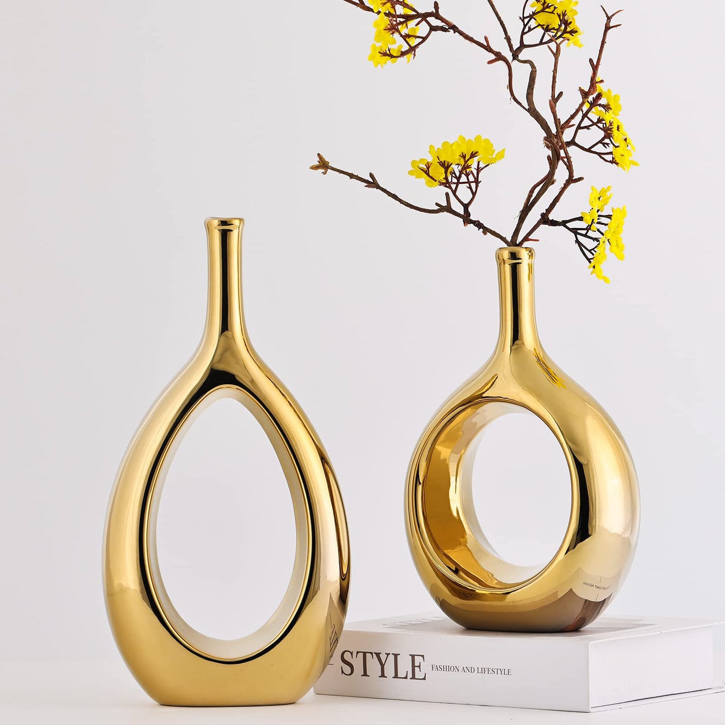 Glossy Gold Ceramic Vase Set 2,Modern Hollow Circle with Hole Flower Vase for Home Decor,for Table Centerpieces,Farmhouse,Fire Place,Living Room,Bedroom,Office,Bookshelf,Rustic Decor