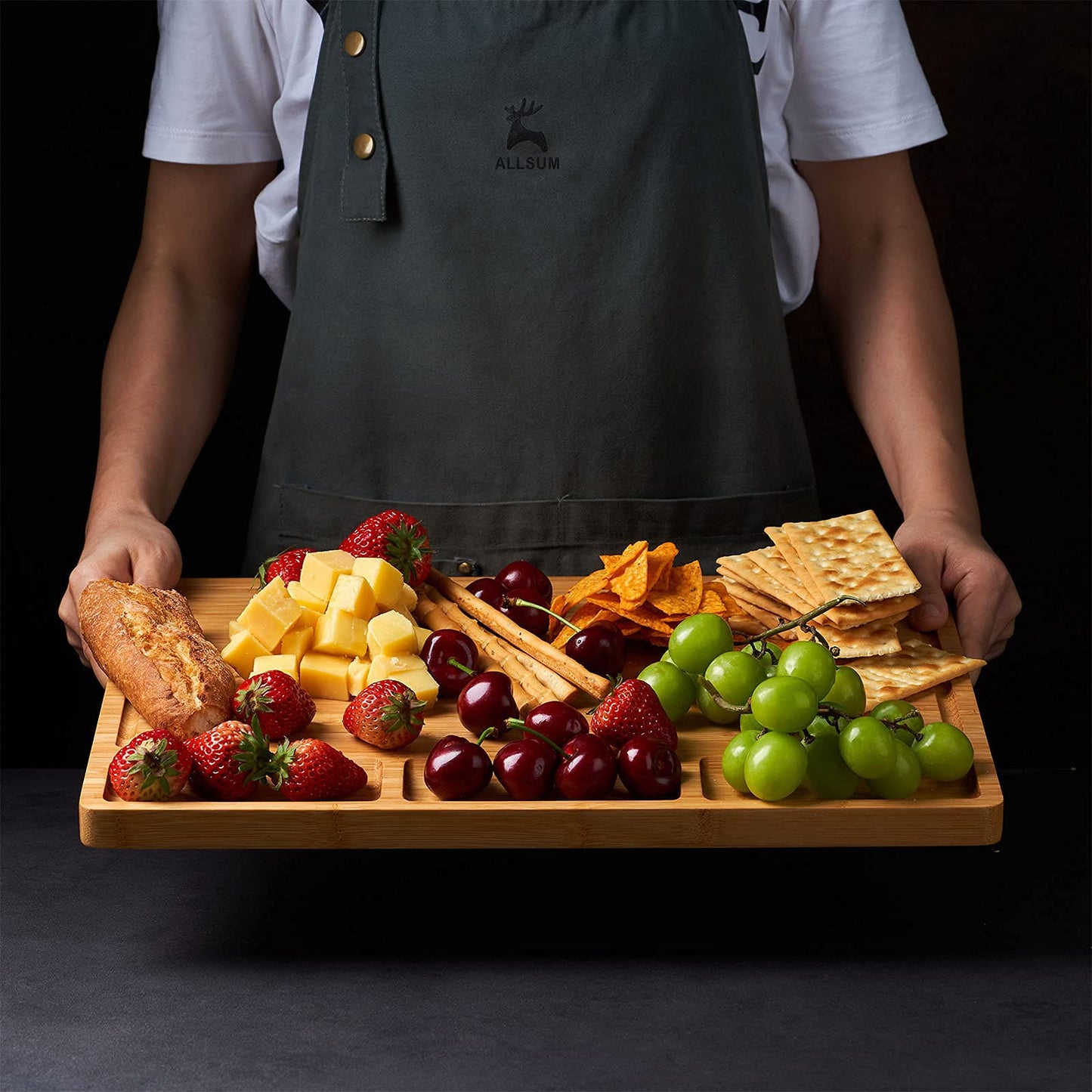 Large Bamboo Wood Cutting Board for Kitchen, Cheese Charcuterie Board with 3 Built-in Compartments and Juice Grooves, Butcher Block (17x12.6")