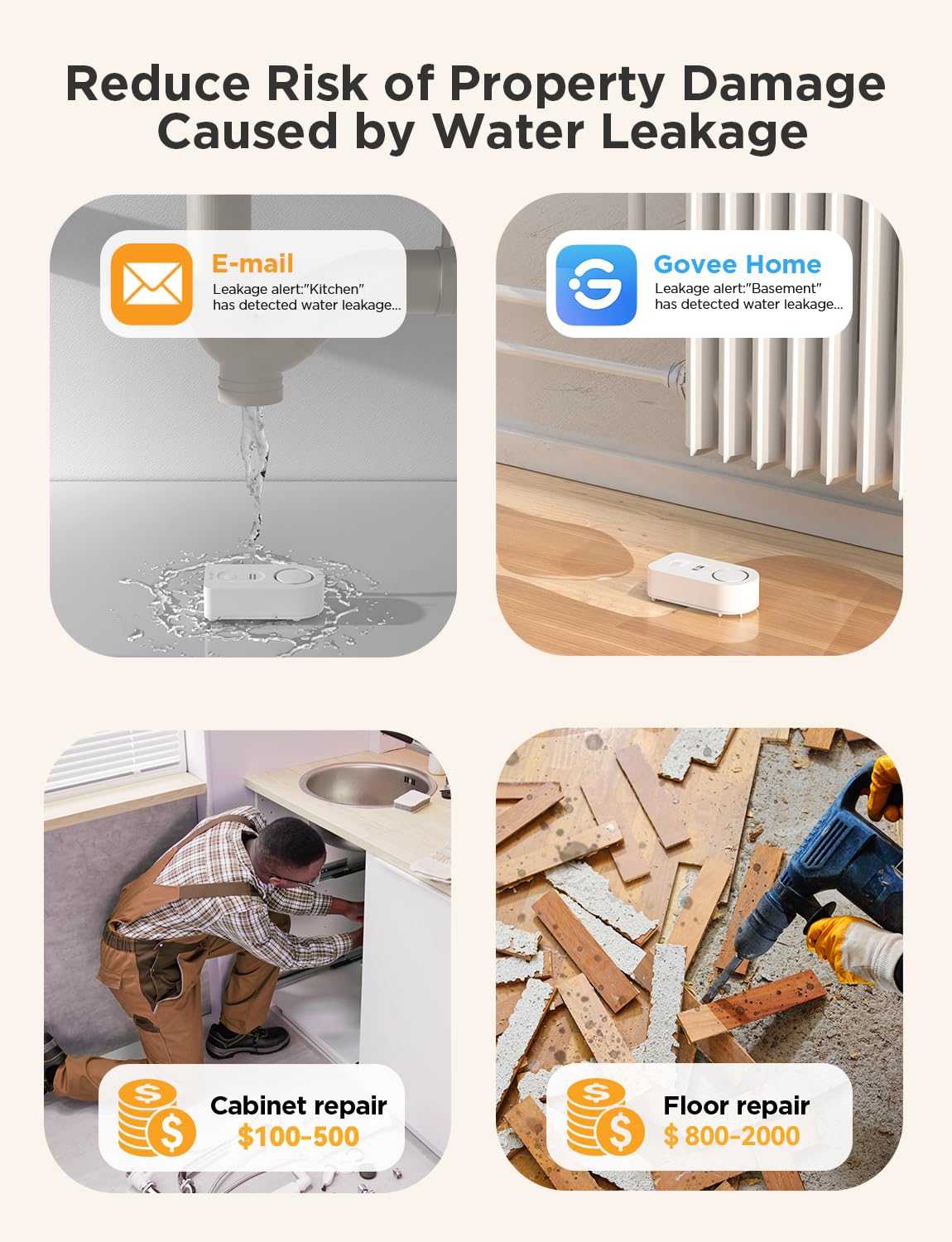 Govee WiFi Water Leak Detector 3 Packs, Leak Alert with Remotely Email/APP Push and Sound Alarm, Smart Water Sensor with 100dB Adjustable Alarm, Suit for Home and Basement