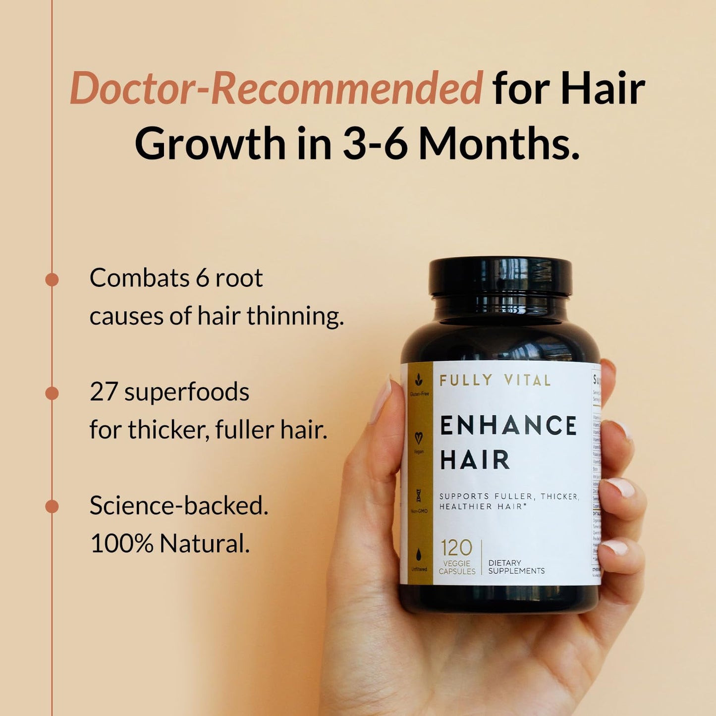 FullyVital Hair Growth Supplement for Women, Ages 35 and Up, Science-Backed Hair Vitamins for Thicker, Fuller Hair with Biotin, Saw Palmetto - Dermatologist Recommended (1 Month Supply, Vegan)